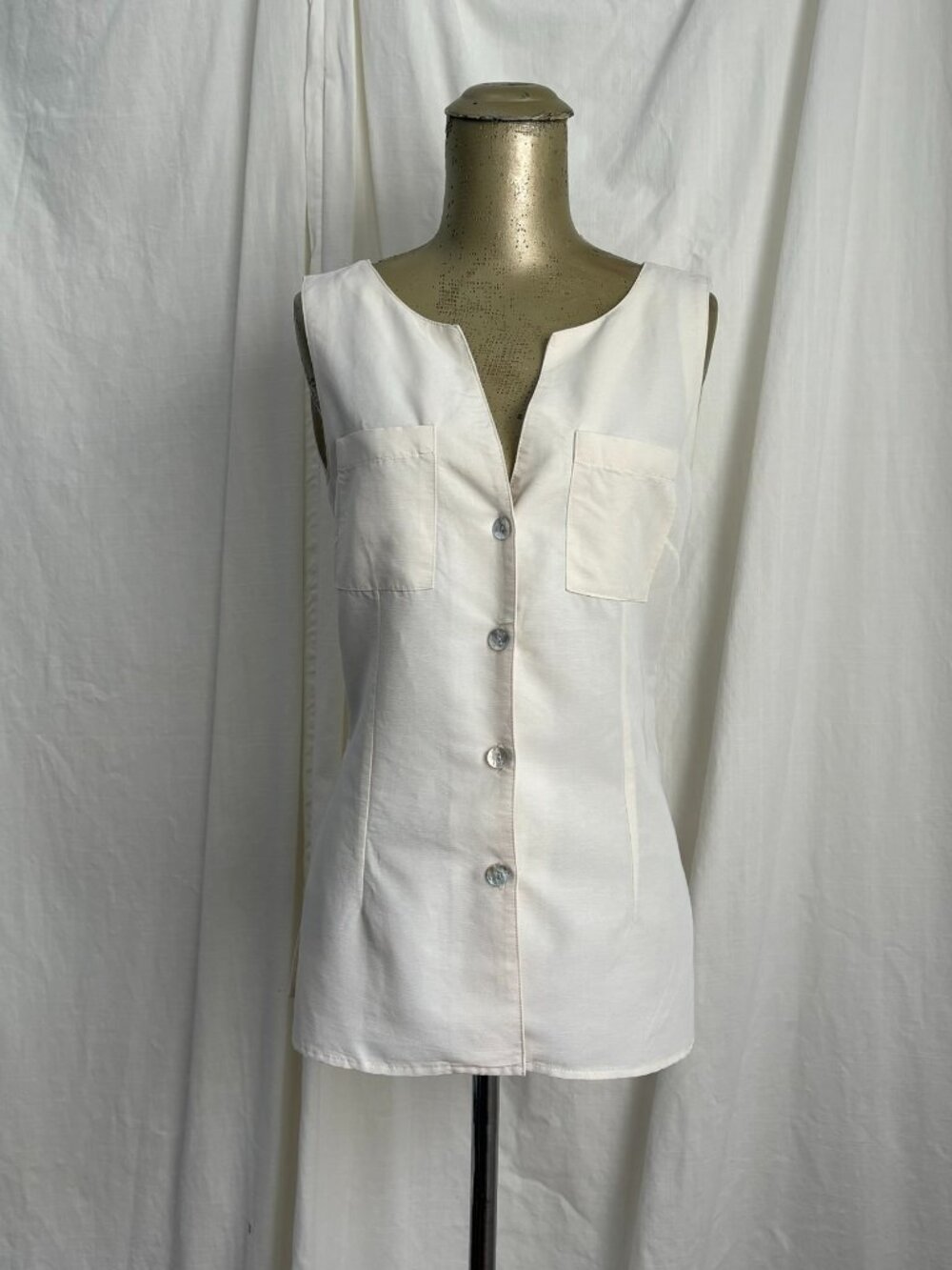 Robert Kitchen Ivory Off White Sleeveless Vest Button Down Top S Minimalist Chic